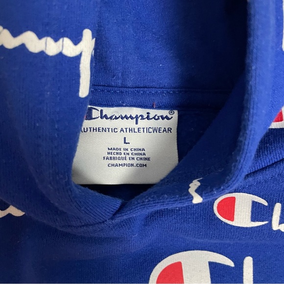 Champion Reverse Weave Sweatshirt Blue Hoodie All Over Print - Picture 3 of 8